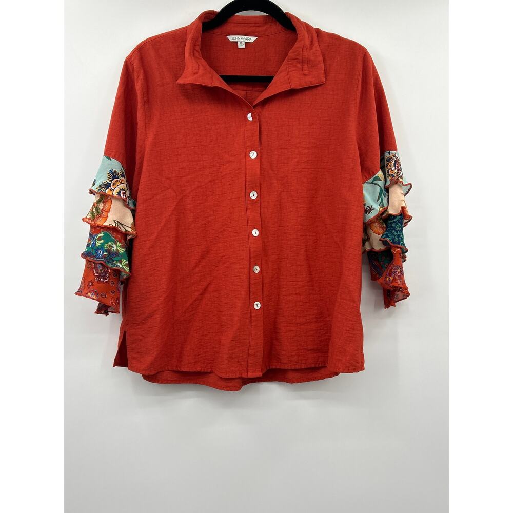 John Mark Women’s Button Down Statement Sleeve Top Size LP Artsy Boho